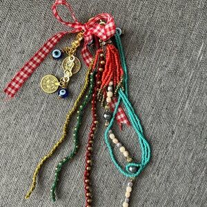 Beaded Multicolor Tassel Bag Charm with Red Gingham Bow